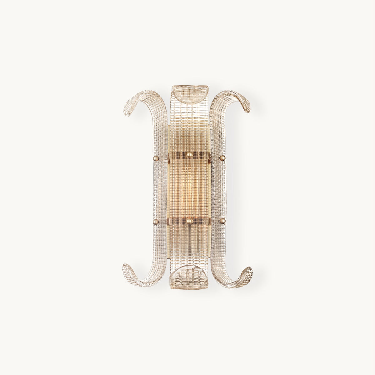 Front view of this Clérachic wall light on a plain white backdrop, with ribbed glass rods between two curled arms and a warm glow inside.