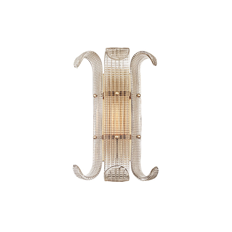 Cut-out view of this Clérachic wall light with antique gold fittings, ribbed clear glass and a warm lit centre on a white background.