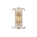 Cut-out view of this Clérachic wall light with antique gold fittings, ribbed clear glass and a warm lit centre on a white background.