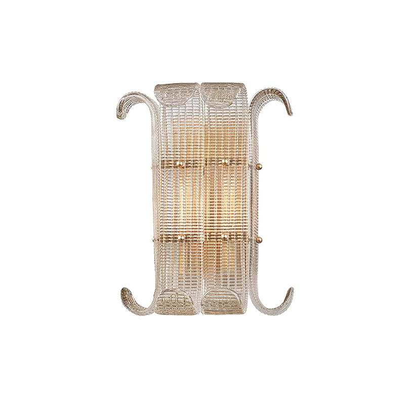 Cut-out view of the wider Clérachic wall light, two ribbed clear glass panels with antique gold fittings and curled arms on white.