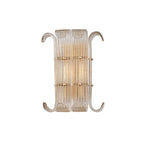 Cut-out view of the wider Clérachic wall light, two ribbed clear glass panels with antique gold fittings and curled arms on white.