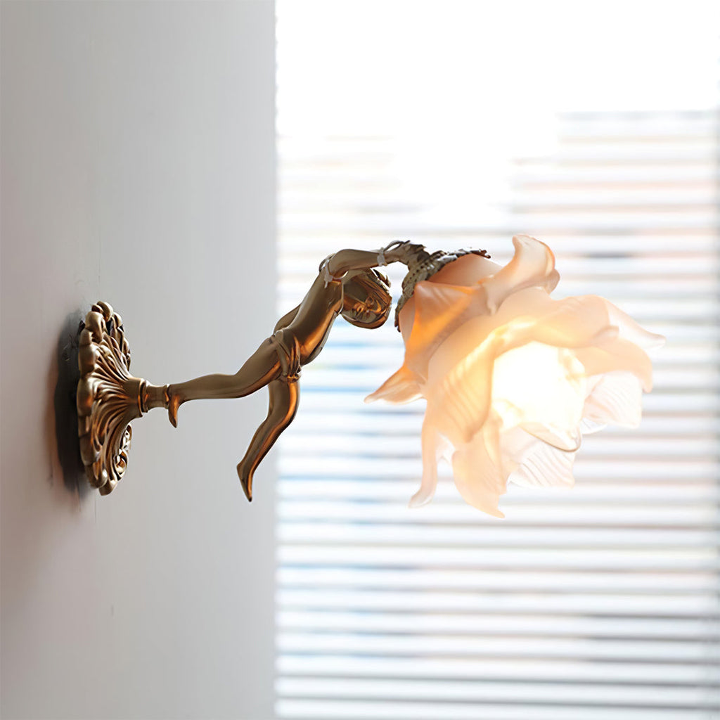 Side profile of the Clérachic glass rose wall sconce against a shuttered window, daylight passing through the frosted glass petals.