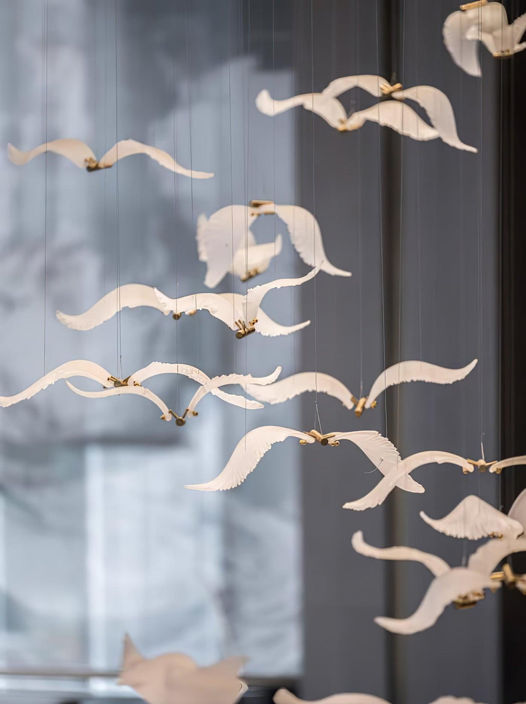 Close view of Clérachic glass seagulls with outstretched wings, caught mid-flight in front of a blurred grey wall.
