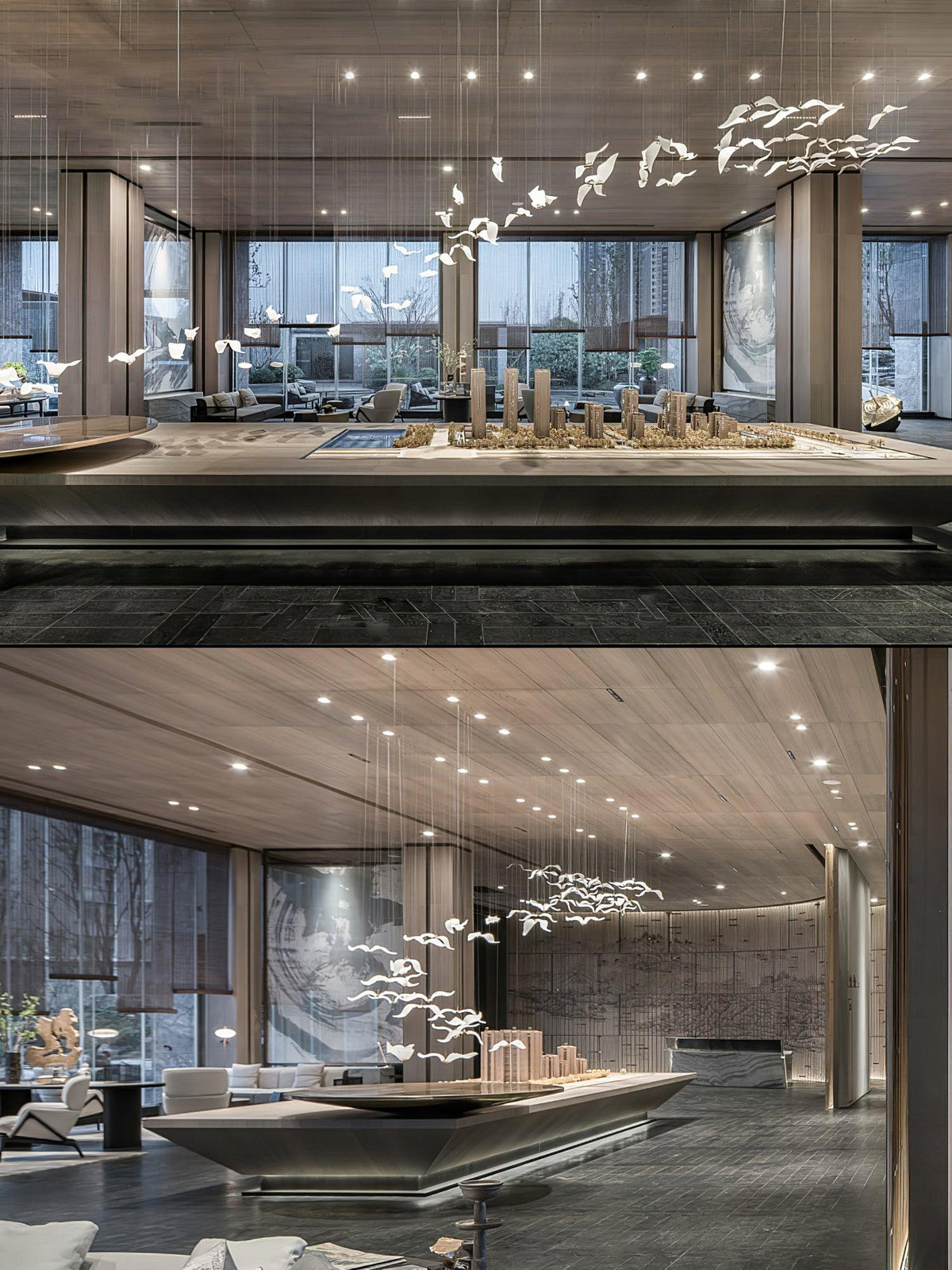 Two views of this Clérachic seagull chandelier hanging high above scale models in a large showroom with a timber ceiling.