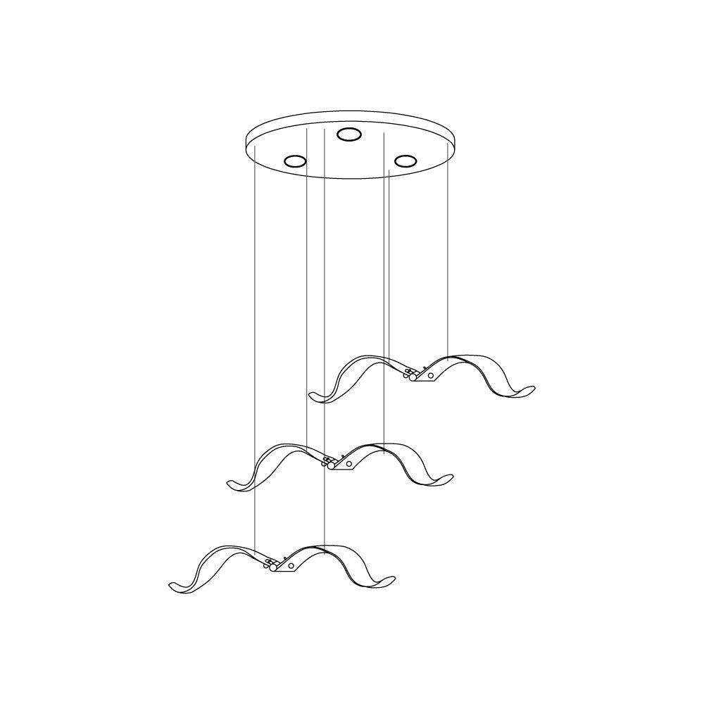 Line drawing of a Clérachic seagull chandelier with three larger gulls on cables under a round ceiling canopy.