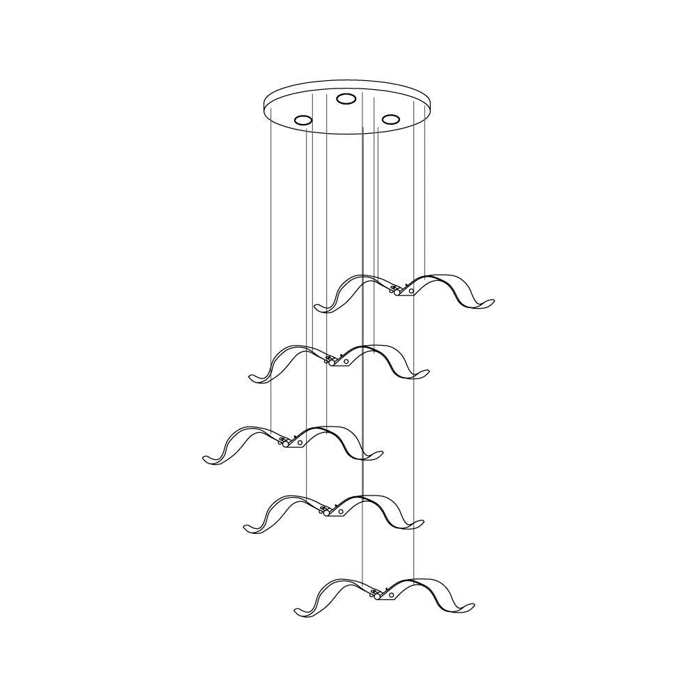 Line drawing of a Clérachic seagull chandelier with five larger gulls hanging on cables of varied lengths.
