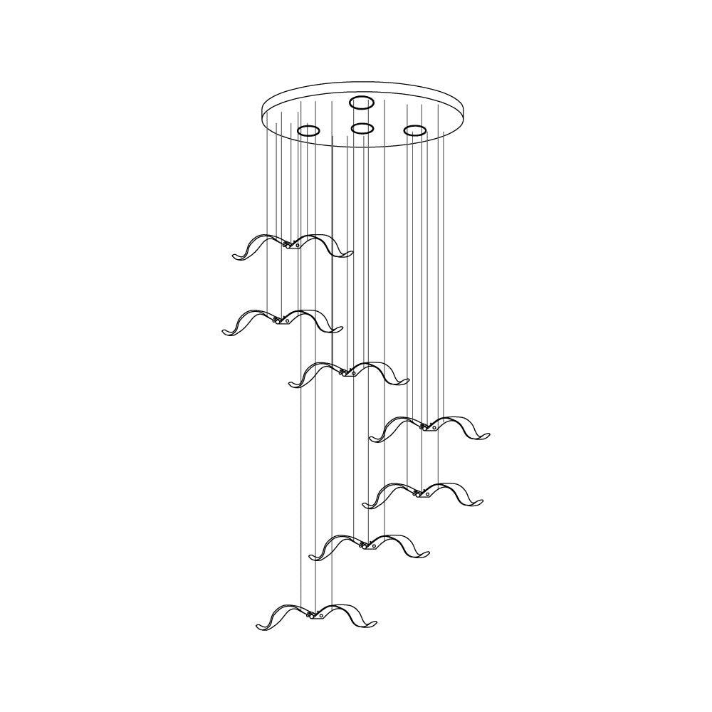 Line drawing of a Clérachic seagull chandelier with a tighter round canopy and a column of gulls at different heights.