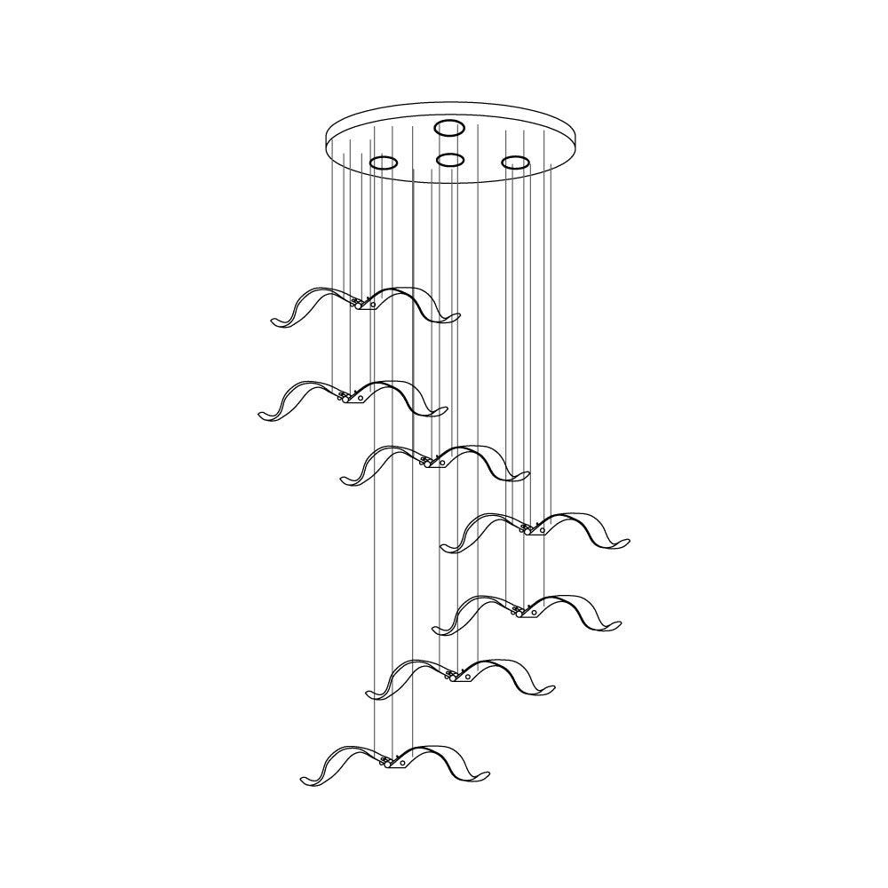 Line drawing of a Clérachic seagull chandelier with gulls spiralling down from a round canopy on fine cables.