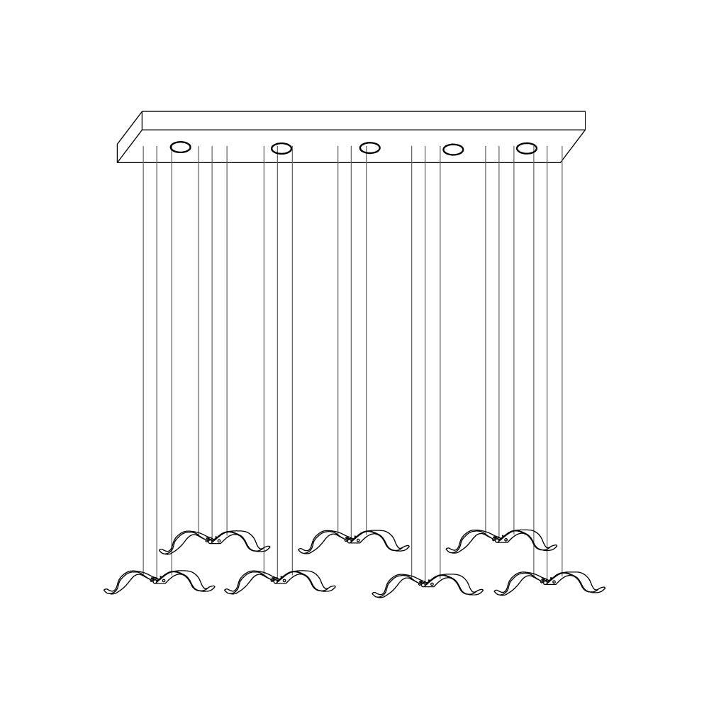 Line drawing of a Clérachic seagull chandelier with a long rectangular canopy and gulls hanging in two staggered rows.