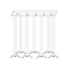 Line drawing of a Clérachic seagull chandelier with a long rectangular canopy and gulls hanging in two staggered rows.