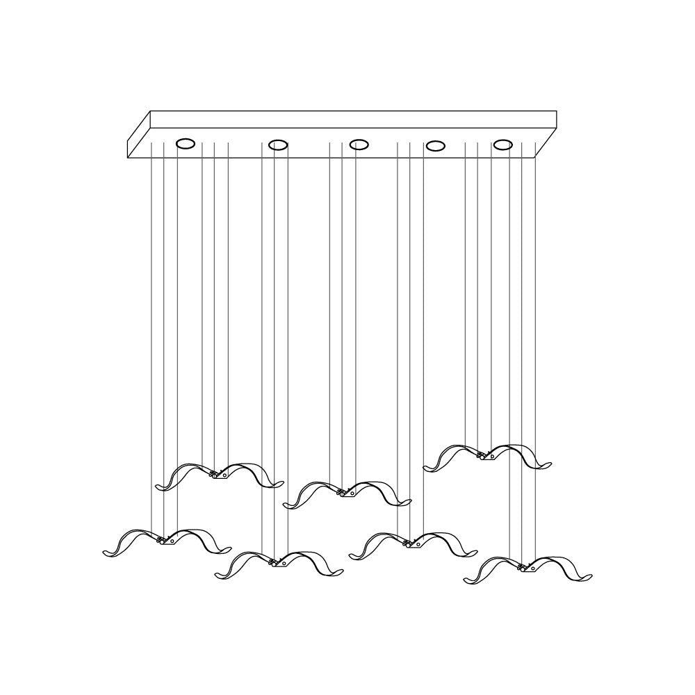 Line drawing of a Clérachic seagull chandelier on a long canopy, its gulls hanging at three different heights.