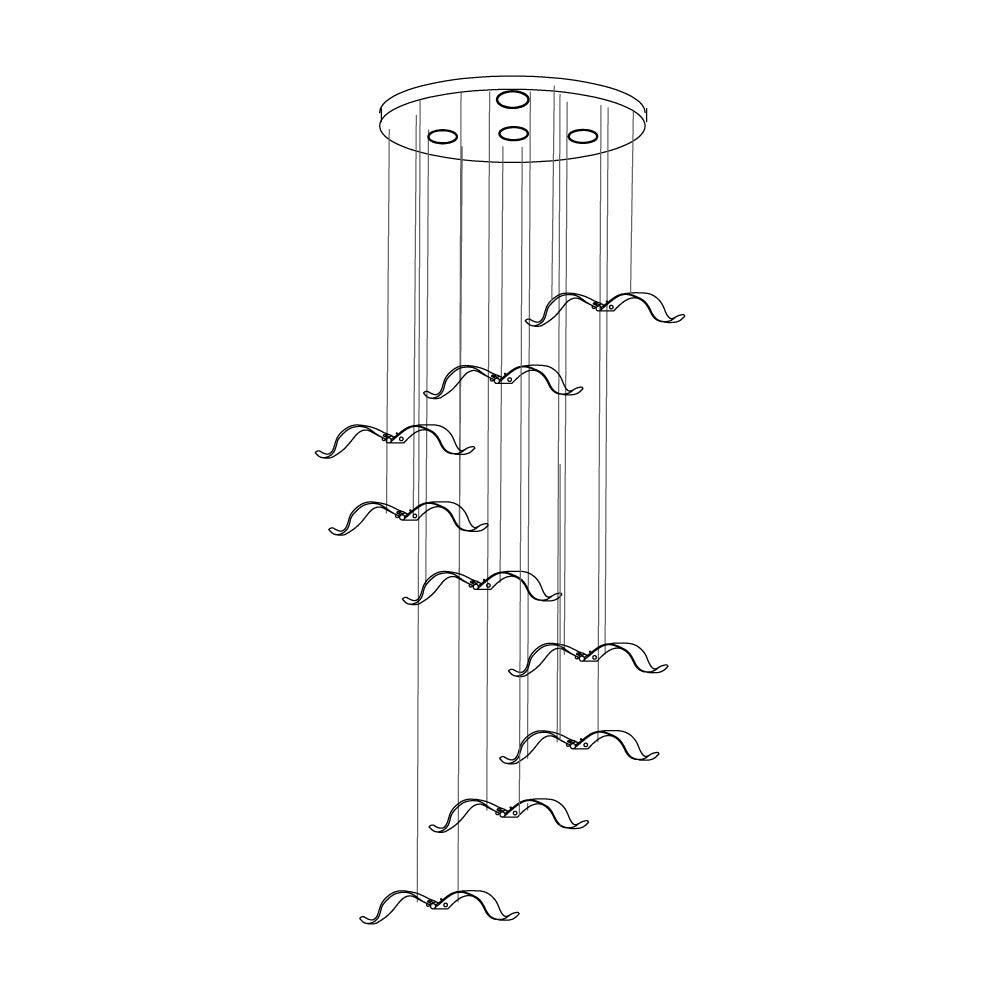 Line drawing of a Clérachic seagull chandelier with a round canopy and a long cascade of gulls on thin cables.