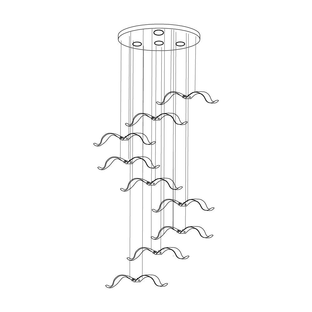 Line drawing of a larger-gull version of this Clérachic seagull chandelier, with its birds cascading from a round canopy.