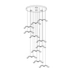 Line drawing of a Clérachic seagull chandelier with a compact canopy and gulls spread at many heights.