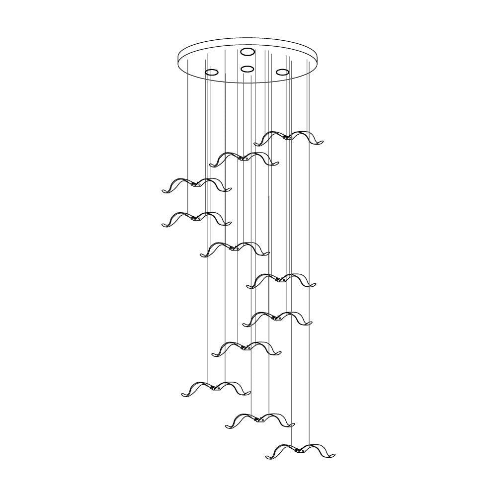 Line drawing of a Clérachic seagull chandelier with a compact canopy and gulls spread at many heights.