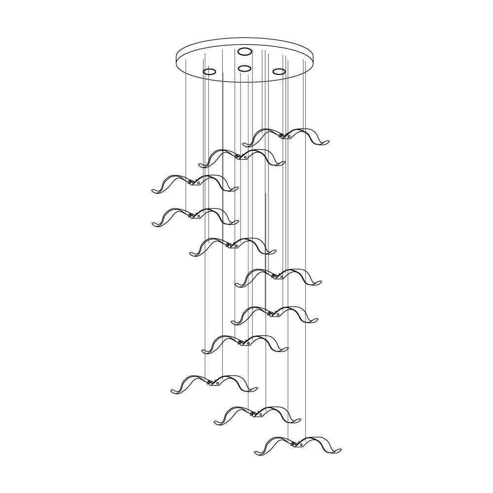 Line drawing of a Clérachic seagull chandelier with a round canopy and gulls stepping down in two columns.