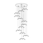 Line drawing of a Clérachic seagull chandelier with a round canopy and a staggered column of gulls on cables.