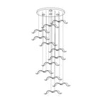Line drawing of a Clérachic seagull chandelier with a round canopy and dense rows of gulls hanging below it.