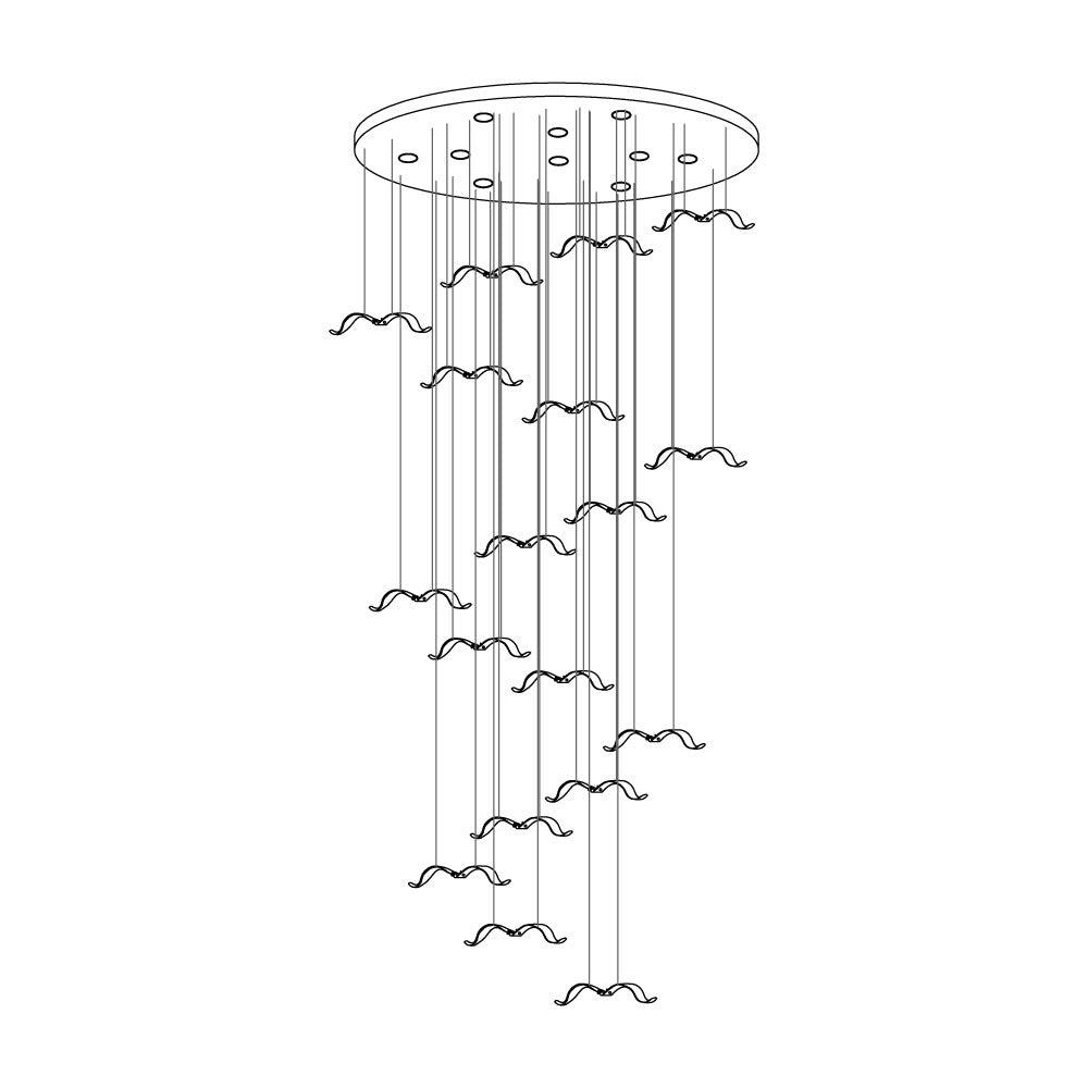 Line drawing of a Clérachic seagull chandelier with a wide round canopy and a large spread of gulls.