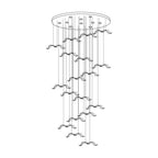 Line drawing of a large Clérachic seagull chandelier with a wide canopy and many gulls hanging at every height.