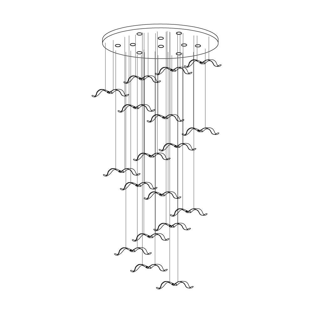Line drawing of a large Clérachic seagull chandelier with a wide canopy and many gulls hanging at every height.