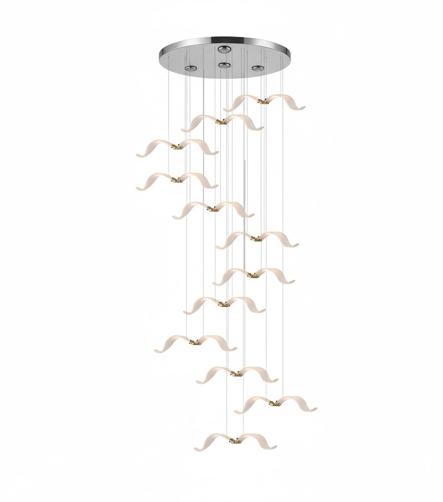 A Clérachic seagull chandelier with a chrome round canopy and glowing white gulls, shown on a white backdrop.