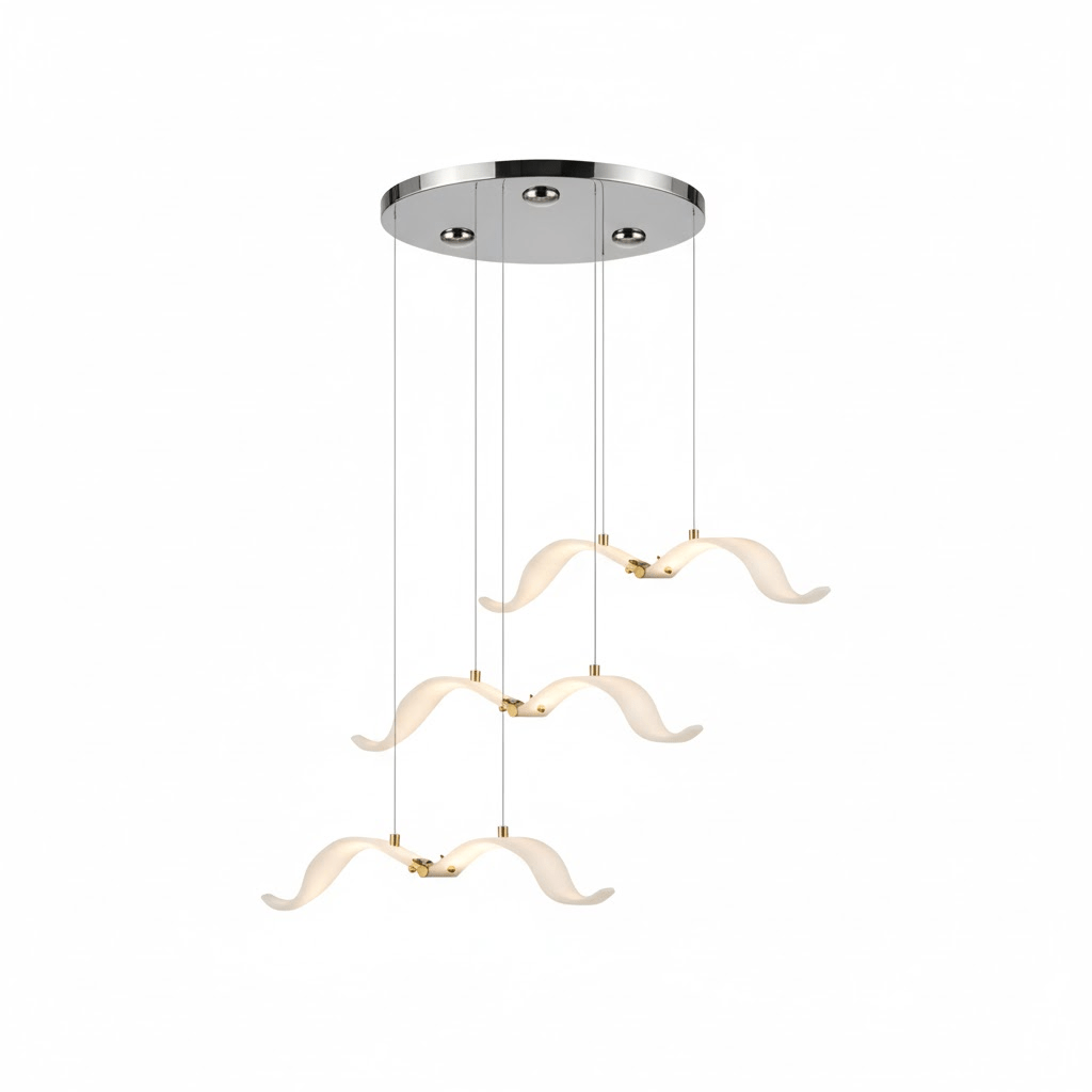 This Clérachic seagull chandelier has three glowing gulls hanging from a chrome round canopy, on a white backdrop.