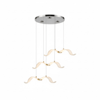 This Clérachic seagull chandelier has three glowing gulls hanging from a chrome round canopy, on a white backdrop.