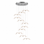 A Clérachic seagull chandelier with a chrome canopy and a loose column of lit white gulls, on a white backdrop.