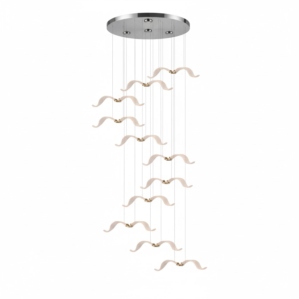 A Clérachic seagull chandelier with a chrome canopy and a loose column of lit white gulls, on a white backdrop.