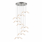 Chrome canopy and fine cables hold a spread of glowing gulls on this Clérachic seagull chandelier, on white.