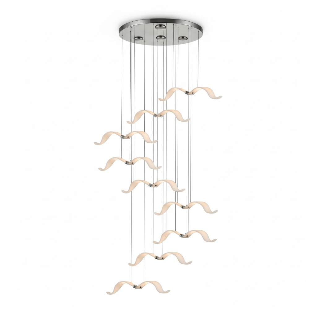 Chrome canopy and fine cables hold a spread of glowing gulls on this Clérachic seagull chandelier, on white.