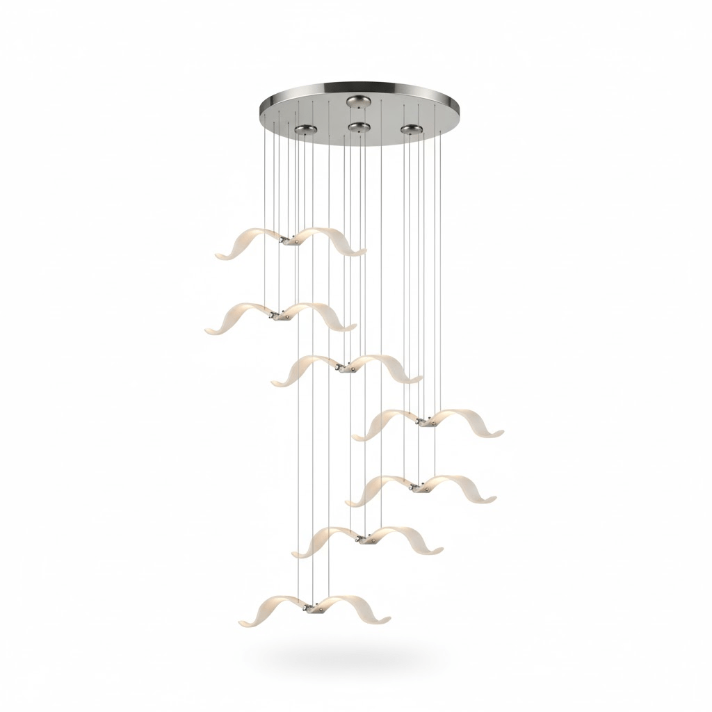 This Clérachic seagull chandelier hangs a staggered line of lit gulls from a chrome canopy, with a soft shadow below.
