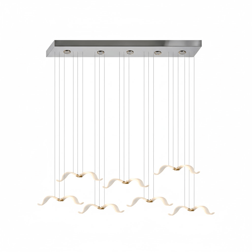 A Clérachic seagull chandelier on a long chrome rectangular canopy, with glowing gulls hanging at two heights.