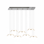 A Clérachic seagull chandelier on a long chrome rectangular canopy, with glowing gulls hanging at two heights.
