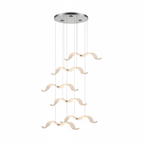 Five glowing gulls of this Clérachic chandelier hang in a staggered column from a chrome canopy, on a white backdrop.