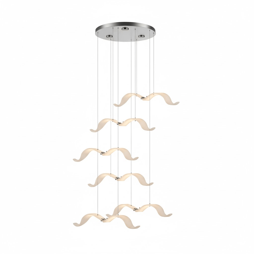 Five glowing gulls of this Clérachic chandelier hang in a staggered column from a chrome canopy, on a white backdrop.