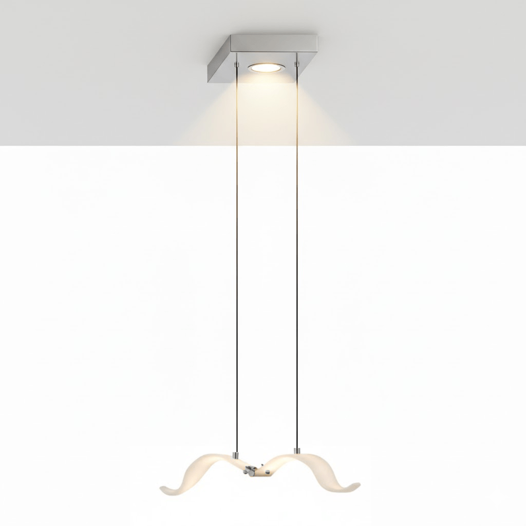 A single lit Clérachic seagull pendant hangs on two cables from a square chrome canopy with a warm downlight.