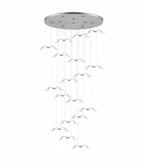 This Clérachic seagull chandelier has a wide chrome canopy and a long, narrow cascade of white lit gulls.