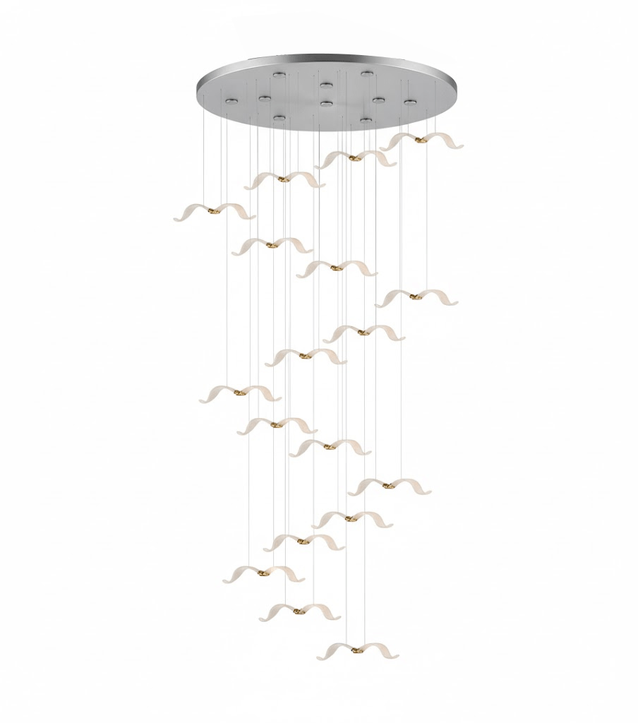 This Clérachic seagull chandelier has a wide chrome canopy and a long, narrow cascade of white lit gulls.