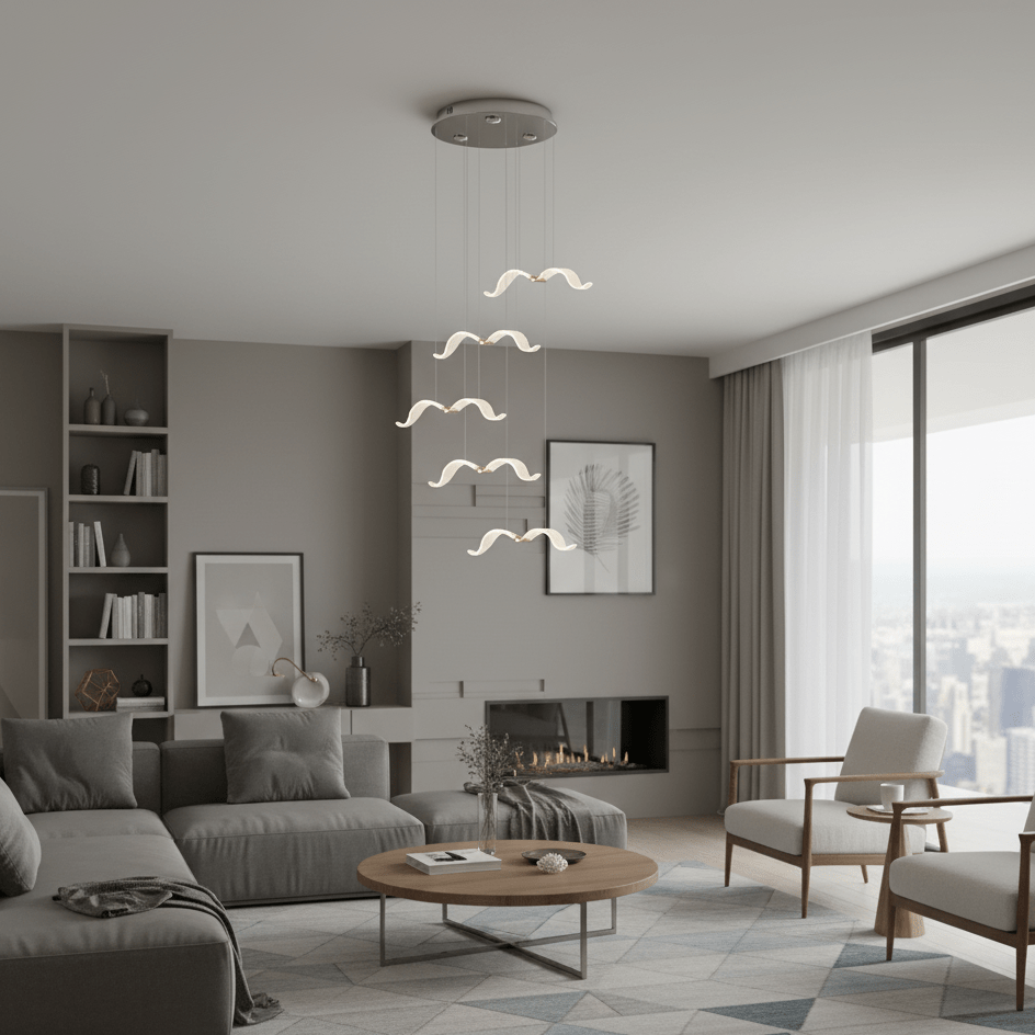 A Clérachic seagull chandelier hangs in a modern living room with a grey sofa, shelves and a view of the city.
