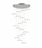 This Clérachic seagull chandelier shows a wide chrome canopy with a tall spiral of small gulls hanging beneath it.