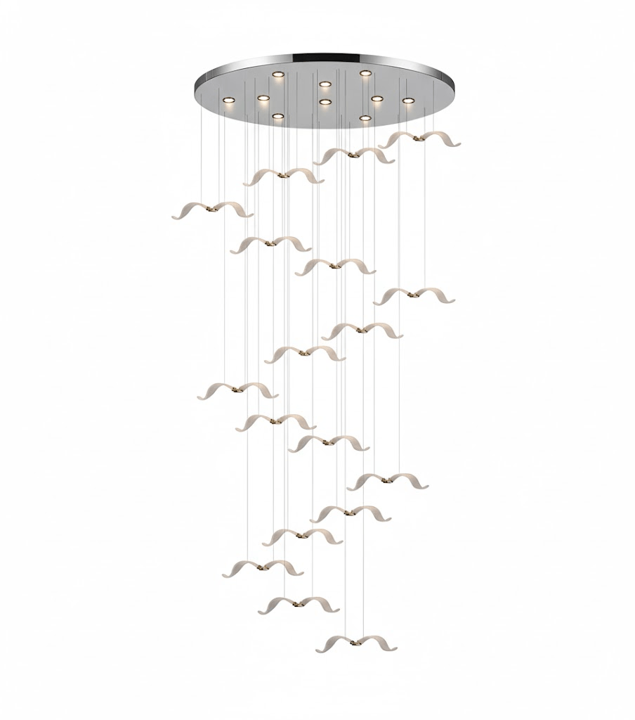 This Clérachic seagull chandelier shows a wide chrome canopy with a tall spiral of small gulls hanging beneath it.