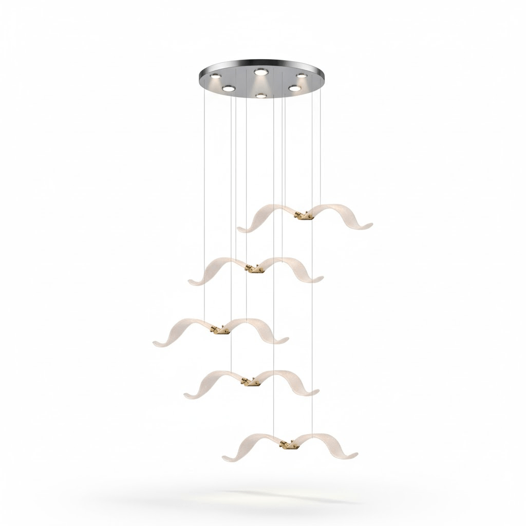 Five lit gulls hang in a loose column from a small chrome canopy on this Clérachic seagull chandelier, with a soft floor shadow.