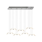 A Clérachic seagull chandelier on a long chrome canopy, its gulls hanging in a wide staggered row on cables.