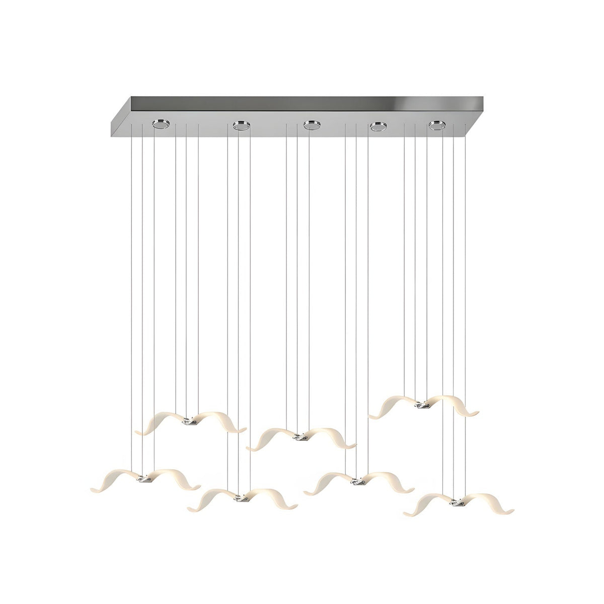 A Clérachic seagull chandelier on a long chrome canopy, its gulls hanging in a wide staggered row on cables.
