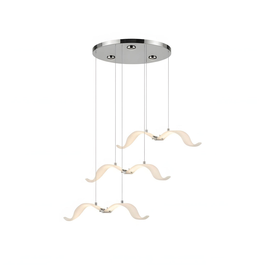 Three glowing gulls hang at different heights from a chrome round canopy on this Clérachic seagull chandelier.