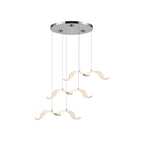 Three glowing gulls hang at different heights from a chrome round canopy on this Clérachic seagull chandelier.