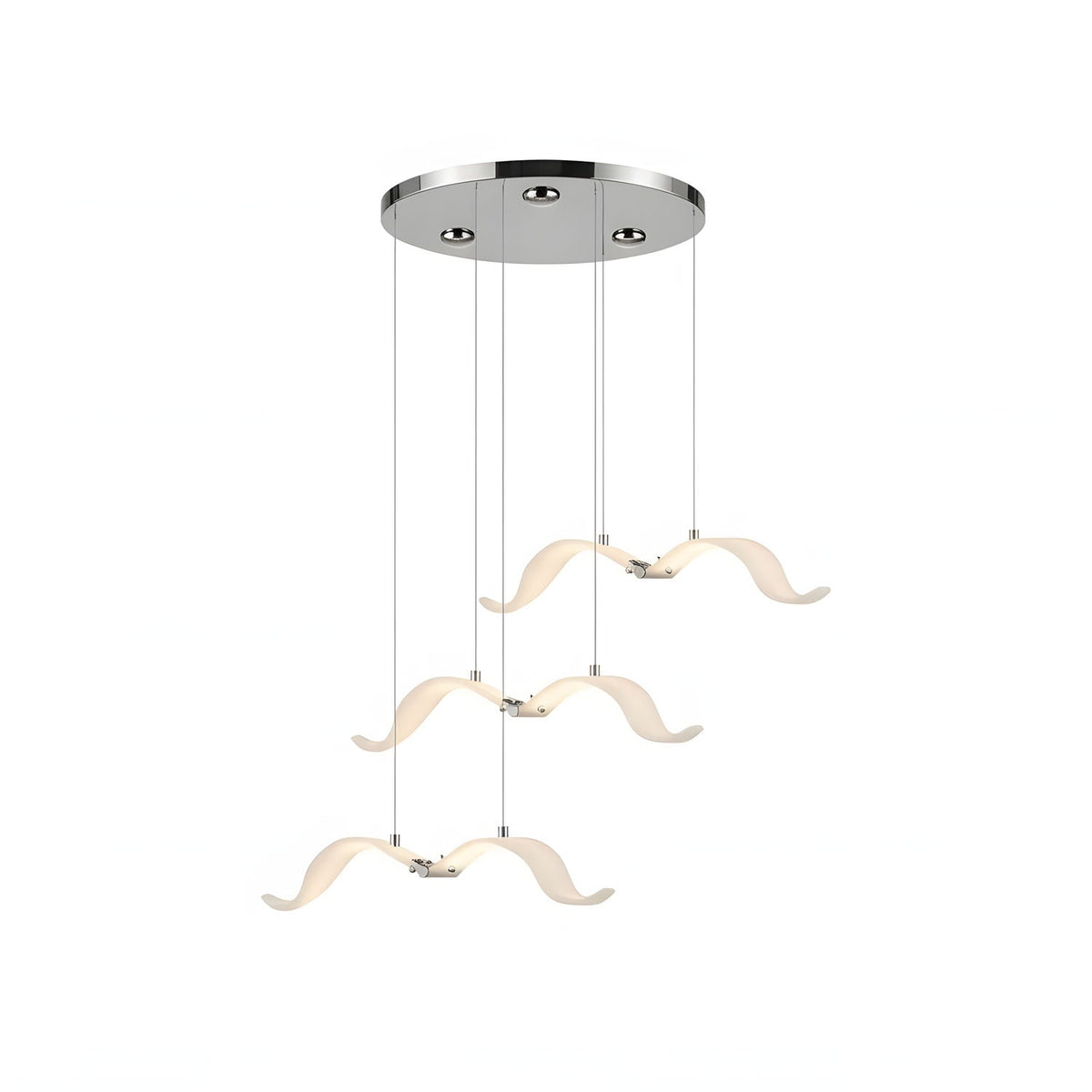 Three glowing gulls hang at different heights from a chrome round canopy on this Clérachic seagull chandelier.