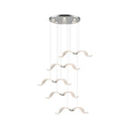 This Clérachic seagull chandelier has a small chrome canopy and five lit gulls stepping down on fine cables.